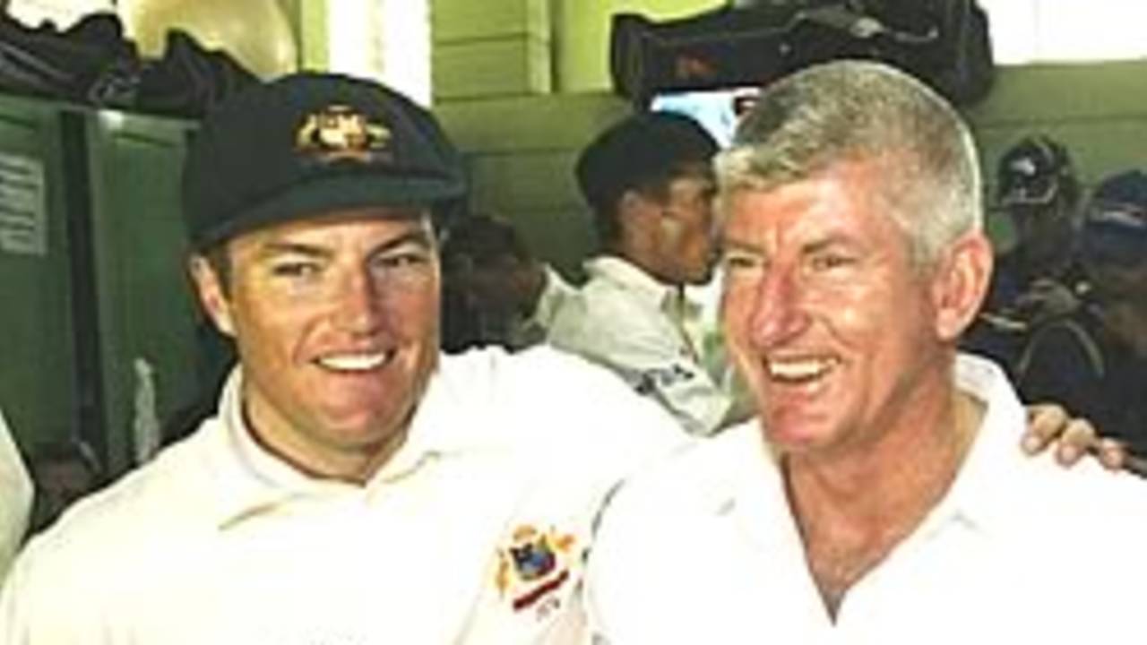 BRIDGETOWN, BARBADOS - MAY 5: Stuart MacGill of Australia reflects on his man of the match performance with father Terry after day five of the Third Test between the West Indies and Australia on May 5, 2003 at Kensington Oval in Bridgetown, Barbados.