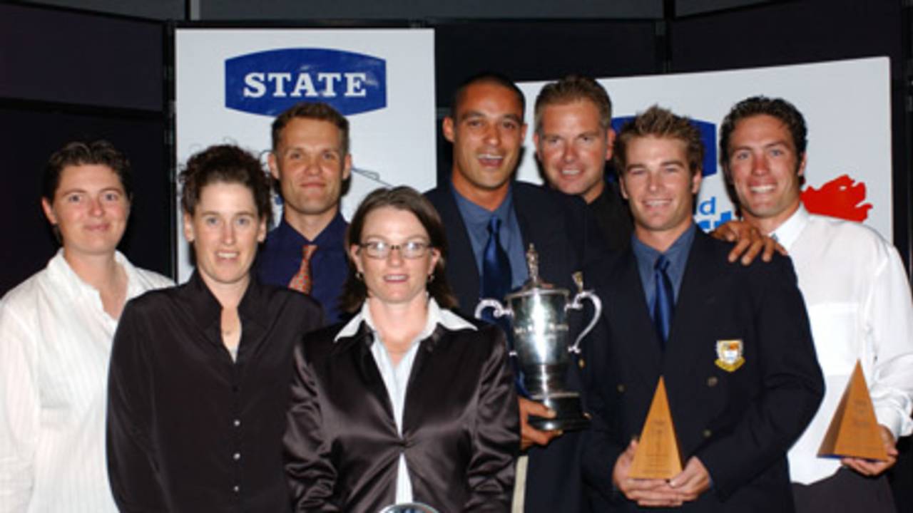 Major winners with their awards. From left: Natalee Scripps (women's bowler of the year), Helen Watson (Crown Relocations first grade women's cricketer of the year), Geoffrey Waterhouse (Crown Relocations first grade men's cricketer of the year), Emily Drumm (women's batsman of the year), Tama Canning (men's bowler of the year and State Auckland cricketer of the year), Aaron Barnes (men's batsman of the year), Reece Young (Vector young cricketer of the year) and Bradford Leonard (Crown Relocations premier men's player of the year). Auckland Cricket Association awards dinner at the ASB Bank Lounge, Eden Park, Auckland, 2 April 2003.