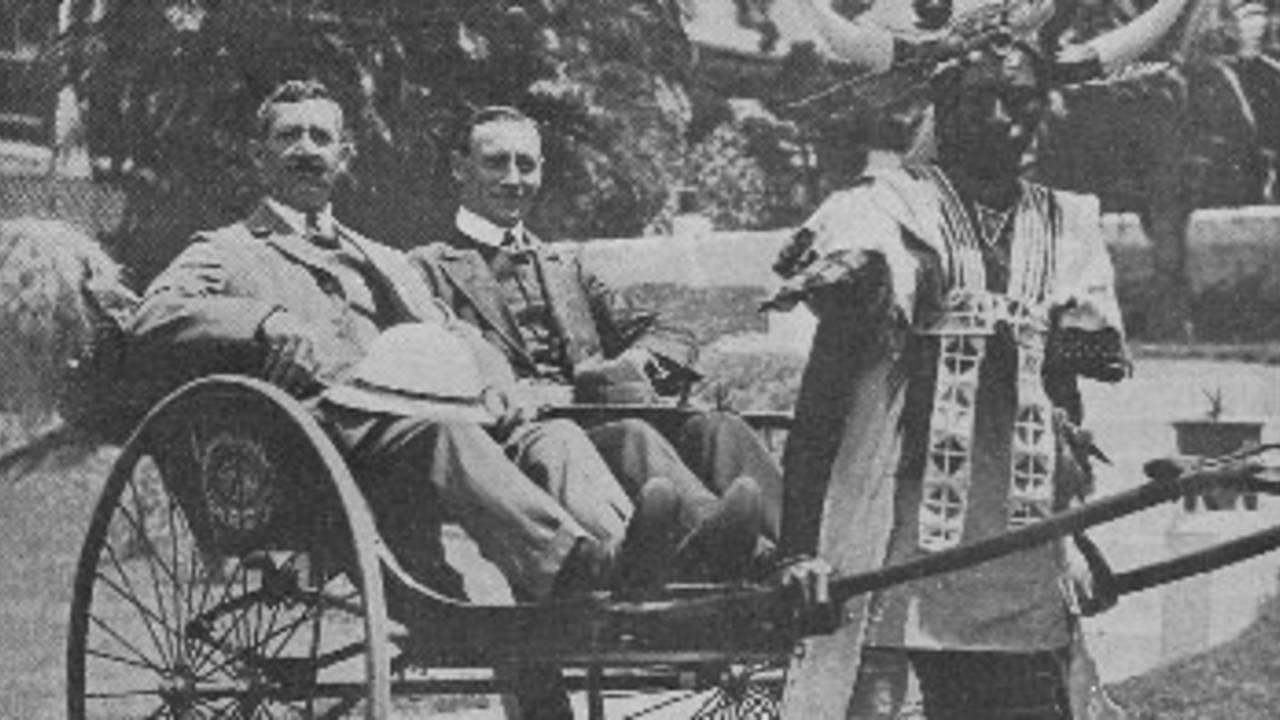 AE Relf (left) of Sussex and CP Mead of Hampshire, in a Durban rickshaw, 1913