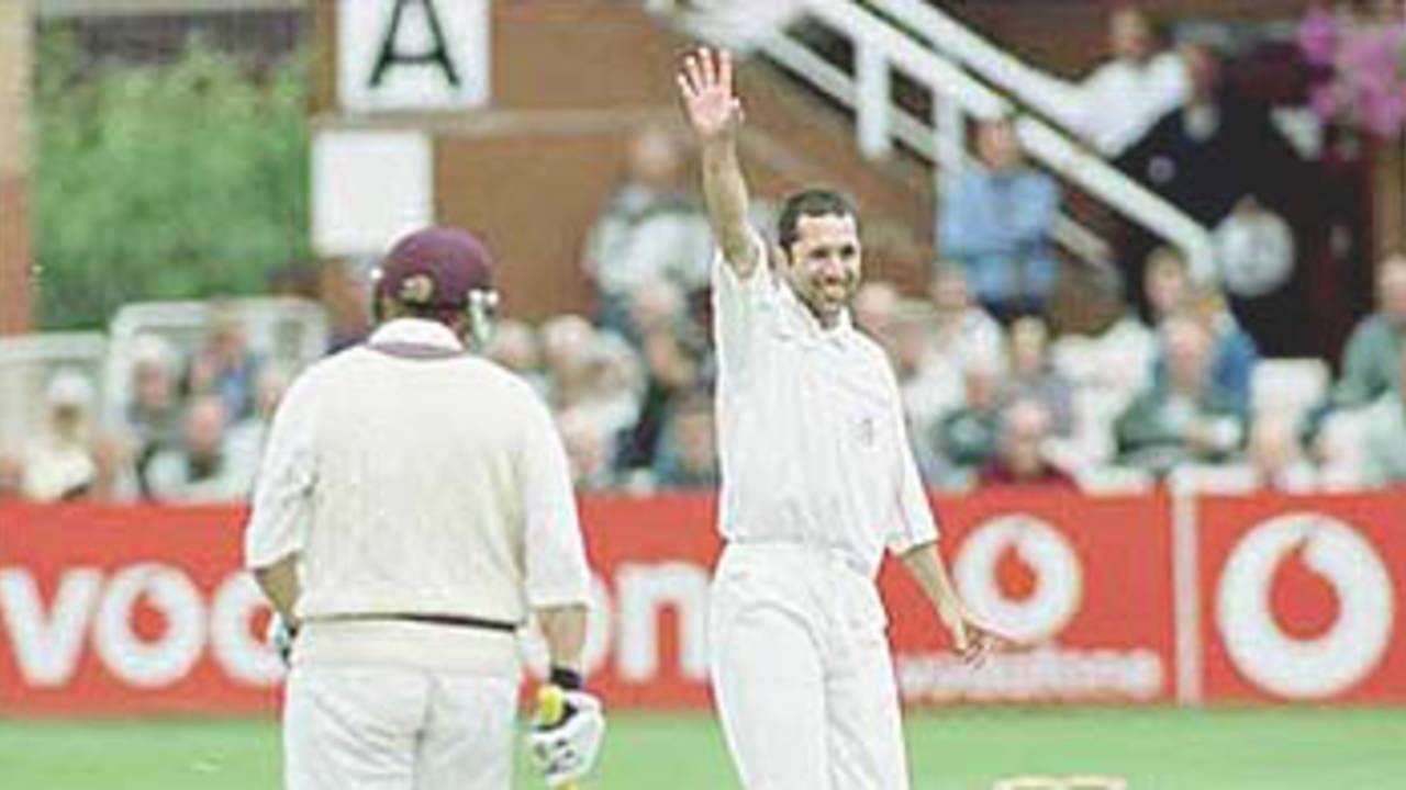 Scuderi watches in delight as Lathwell walks back to the pavilion after being trapped LBW, PPP healthcare County Championship Division One, 2000, Somerset v Lancashire, County Ground, Taunton, 12-15 July 2000(Day 2).