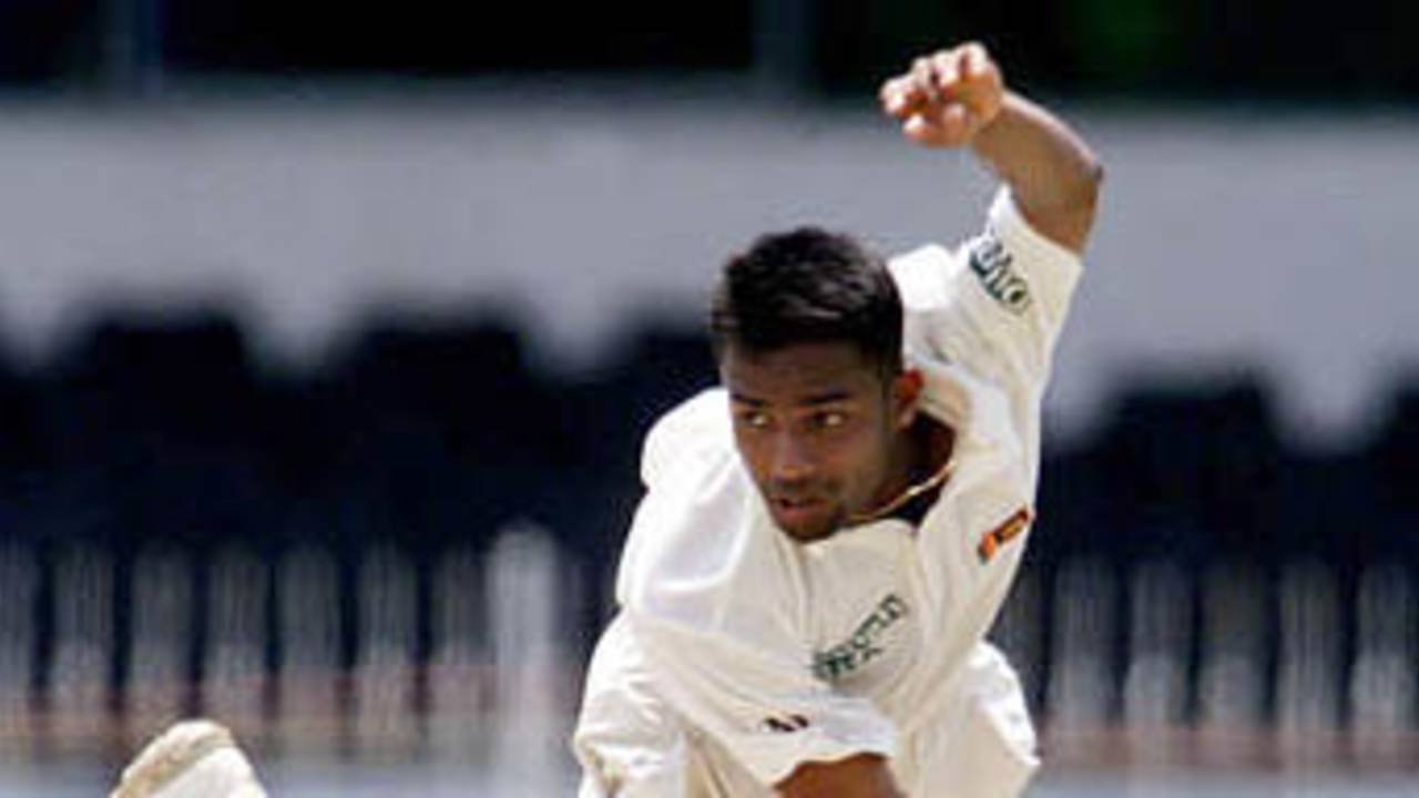Buddhika Fernando in his follow-through against Bangladesh at Colombo
