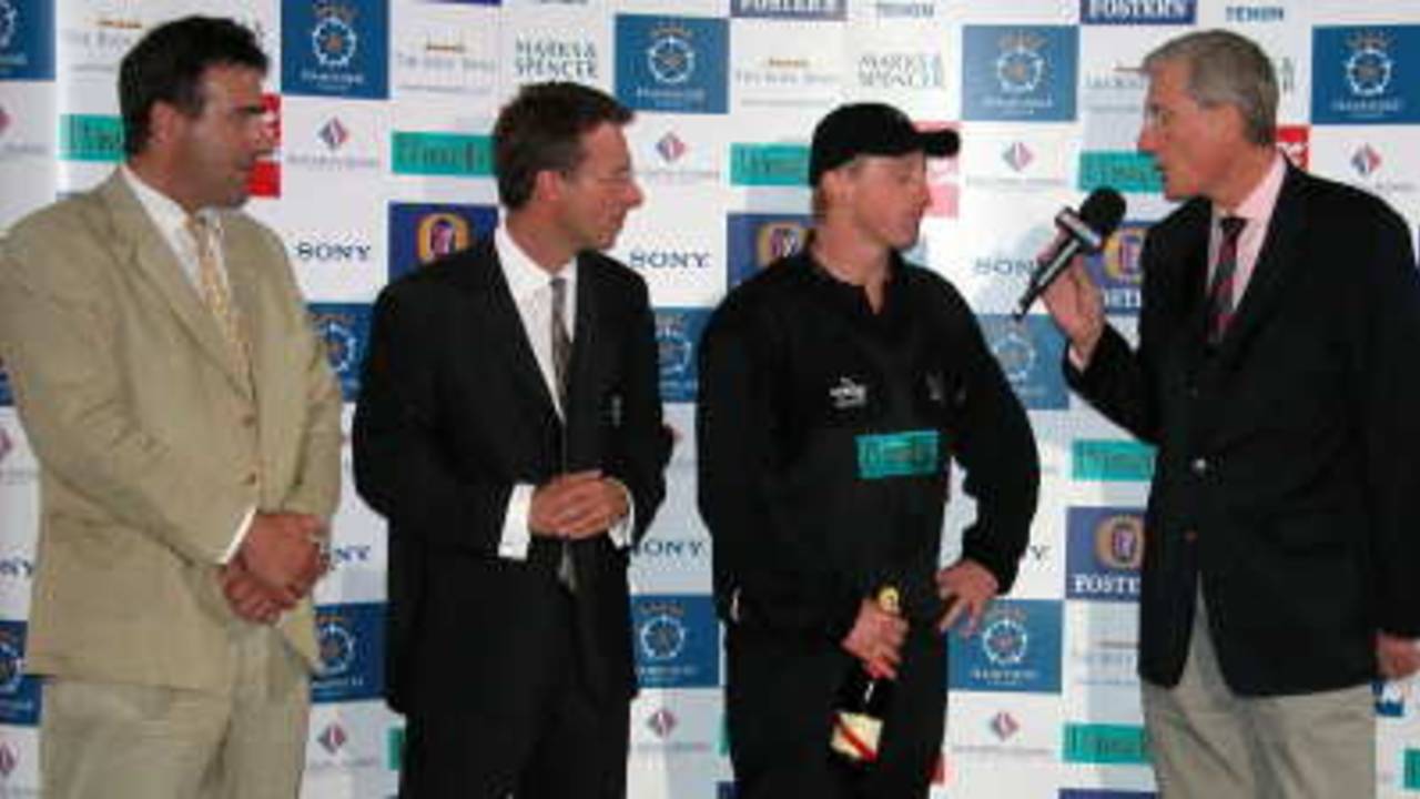 Derek Kenway is interviewed by Sky's Bob Willis after being presented with the Man of the Match Award for his 78 against Northamptonshire Steelbacks.