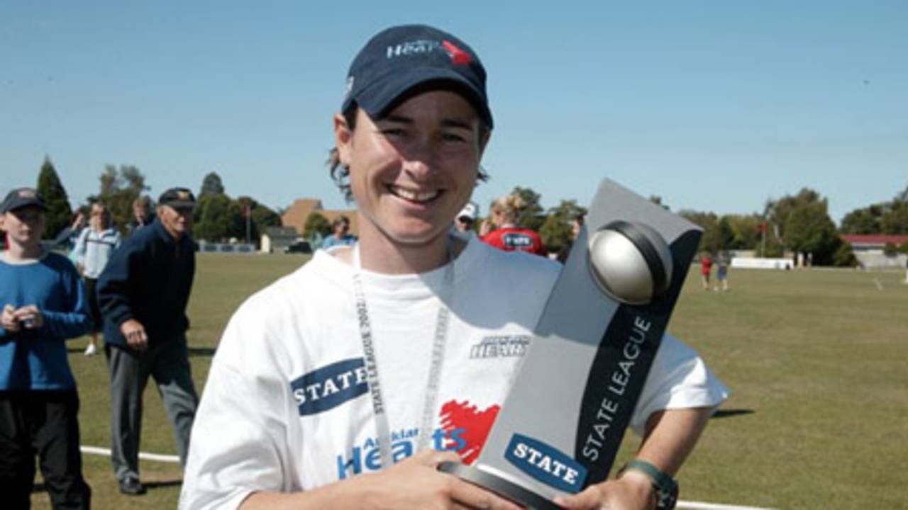 Lynch with the State League trophy. State League Final: Canterbury Women v Auckland Women at Christchurch, 22 Feb 2003