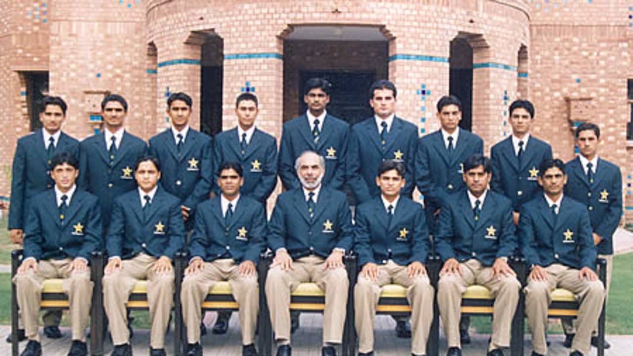 Pakistan Under-19 team to Sri Lanka group photograph, 2003-04<br>Front (L-R): Mohammad Altaf, Salman Qadir, Shahid Yousuf (vice-captain), Sultan Rana (manager), Khalid Latif (captain), Aaqib Javed (coach), Afaq Raheem.<br>Back (L-R): Jahangir Mirza, Shahid Siddiq, Yasir Arafat, Nasir Jamshed, Aamer Yousuf, Riaz Afridi, Adeel Malik, Naeem Ahmed (wicketkeeper) and Hidayatullah Khan.