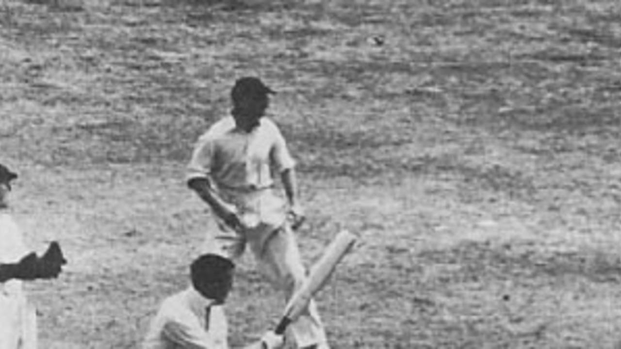 Arthur Wellard hits Bill O'Reilly for a boundary, England v Australia, Lord's, 1938