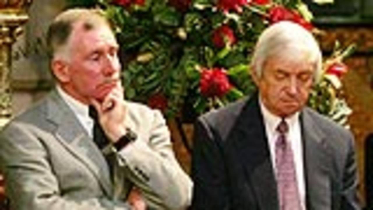Richie Benaud and Ian Chappell pay their respects at Keith Miller's funeral