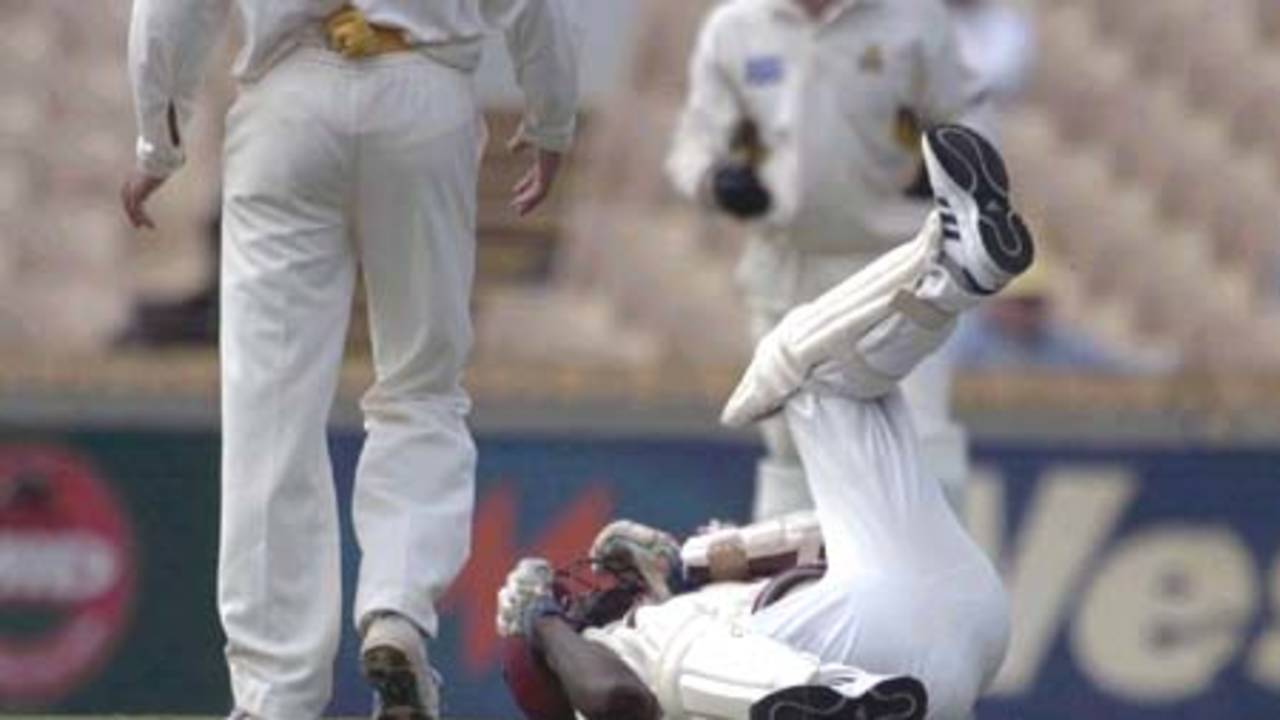 Jeremy on the ground after being hit by Nicholson, Western Australia v West Indians, 2000/01