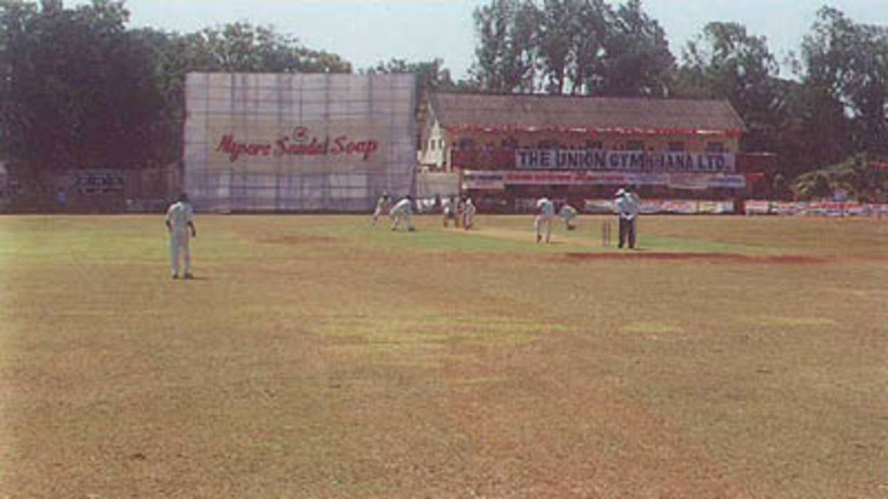 Fayaz Ahmed plays a forward defensive stroke to a Yalvigi delivery from the police quarters end, Ranji Trophy South Zone League, 2000/01, Karnataka v Andhra, Union Gymkhana Ground, Belgaum, 15-18 November 2000 (Day 1).