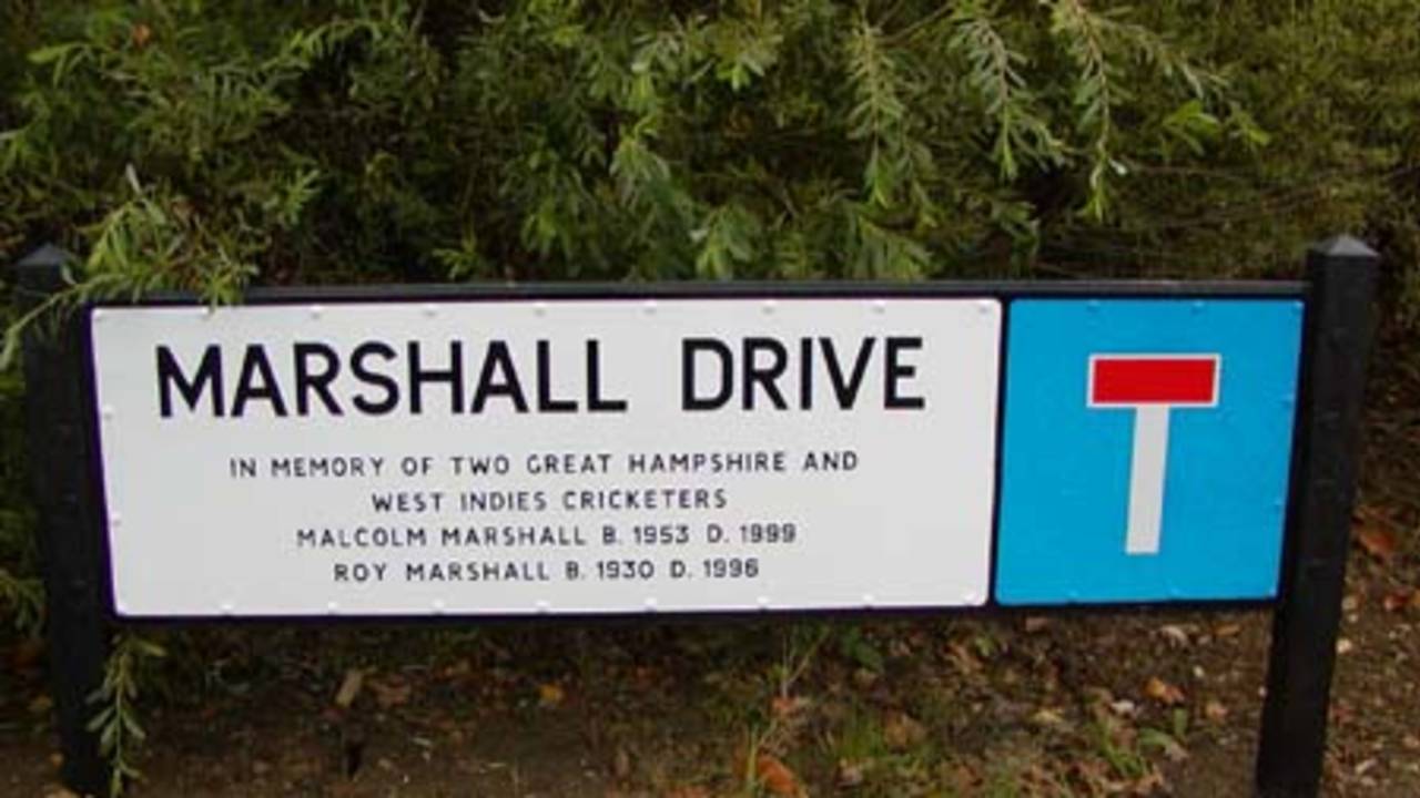New Road sign at entrance to The Hampshire Rose Bowl in memory of Roy and Malcolm Marshall.
