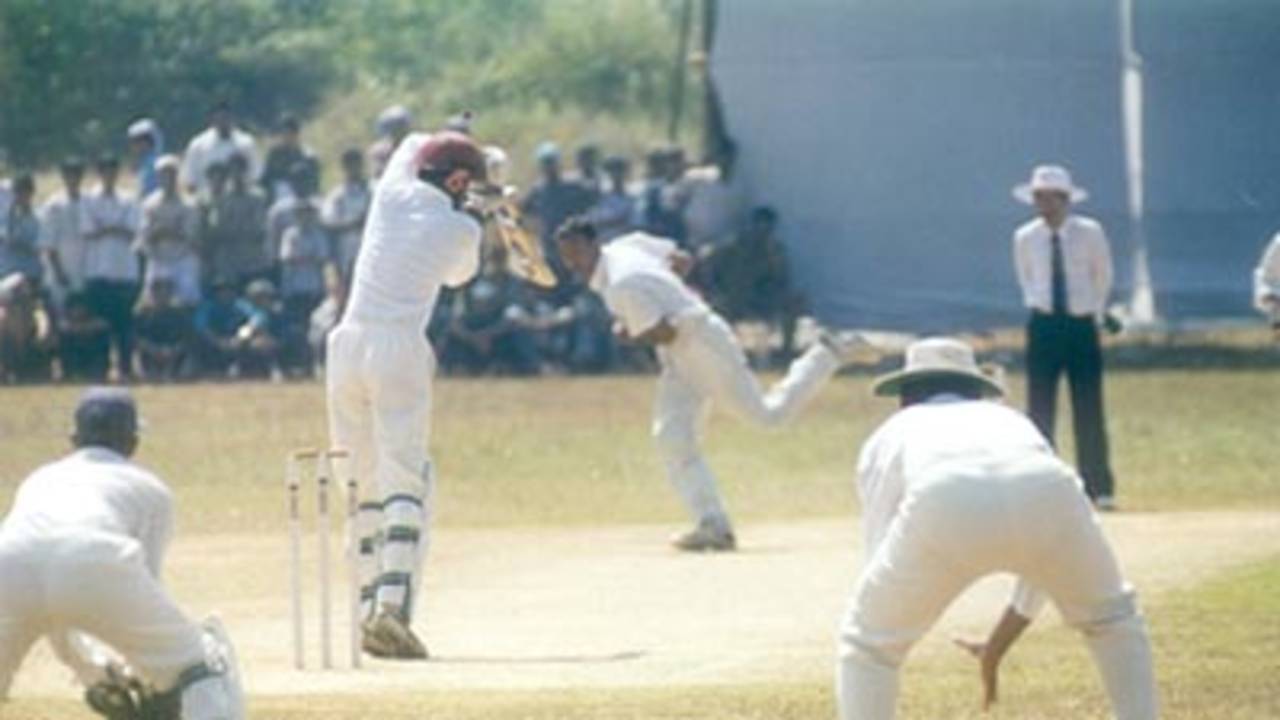 S Shanker goes onto the backfoot and plays MF Ahmed down the pitch, Kerala v Hyderabad, Ranji Trophy (South Zone League) 1999/00, 24-27 November 1999 at Regional Engineering College Ground, Kozhikode.