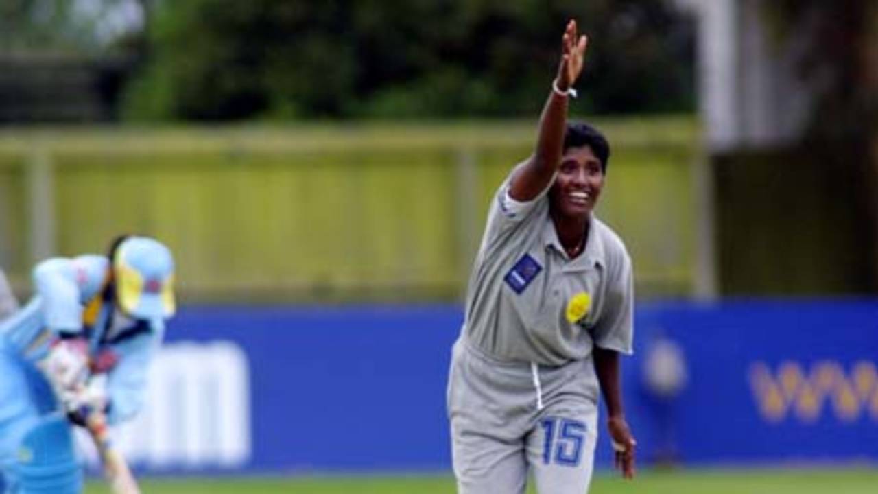 Sri Lankan bowler Dona Indralatha appeals unsuccessfully for lbw