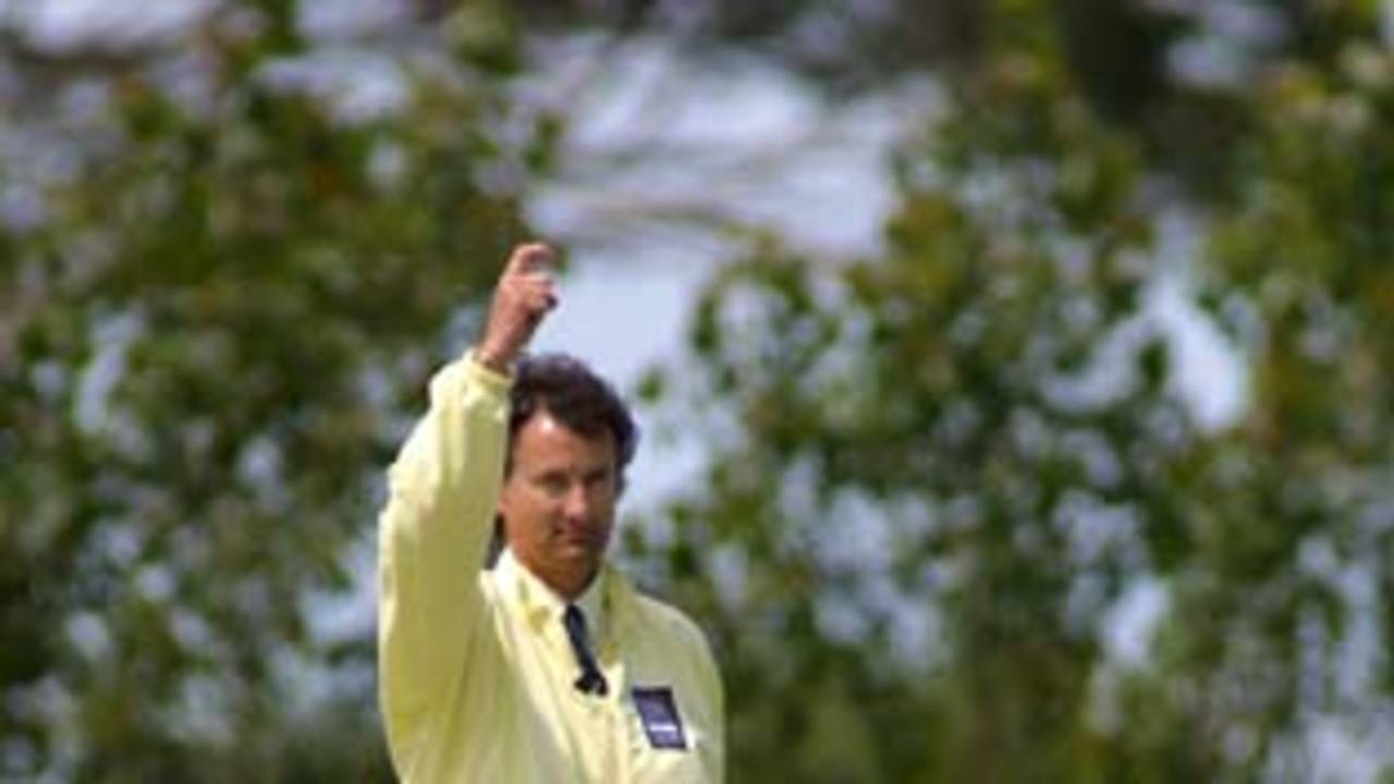 Umpire Billy Bowden signals the wicket of Daleen Terblanche for lbw