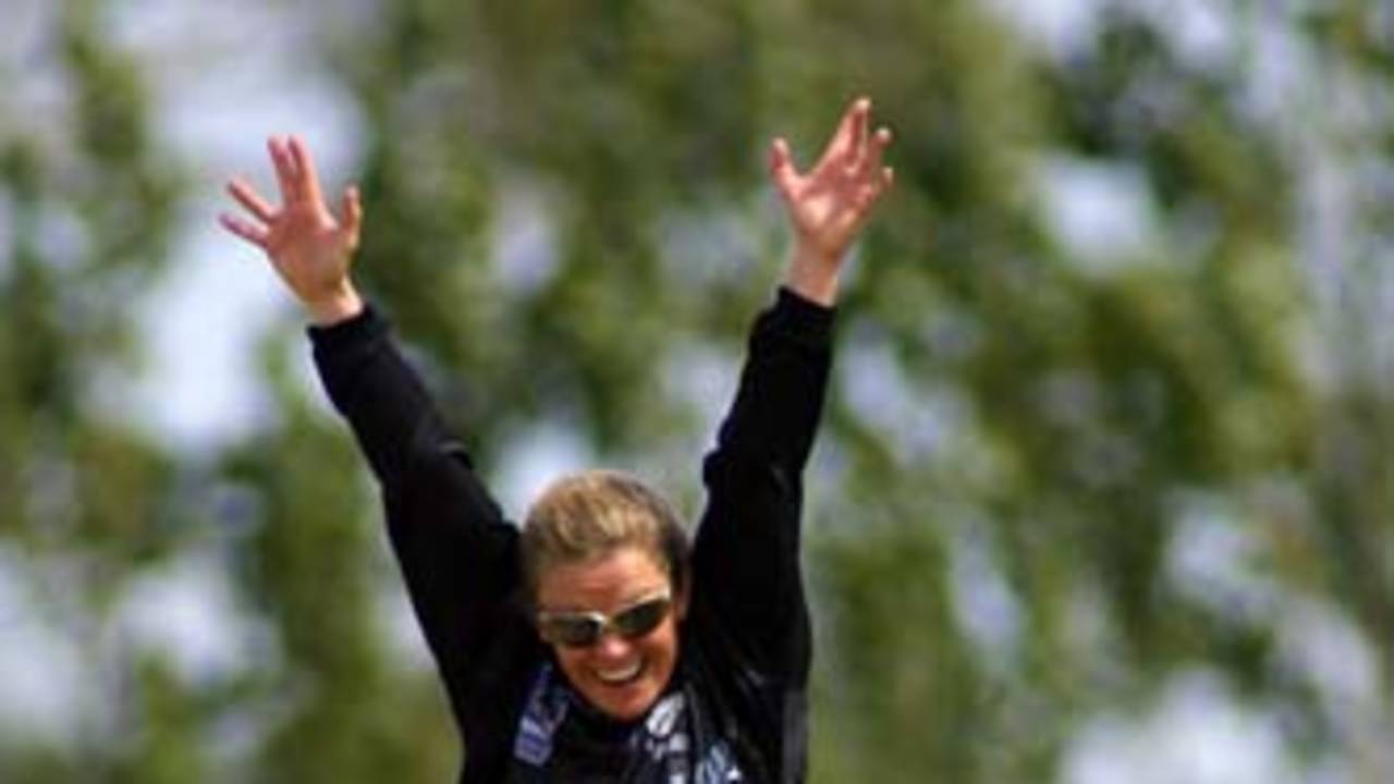 New Zealand bowler Catherine Campbell celebrates dismissing Zoe Goss
