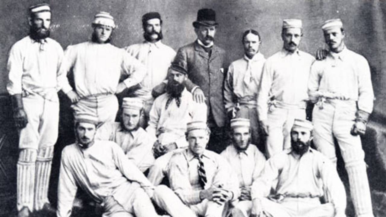 The 1878 Australians: J. McC. Blackham, T. Horan, G. H. Bailey, D. W. Gregory (captain), J. Conway (manager), A. Bannerman, C. Bannerman, W. L. Murdoch;  front row: F. R. Spofforth, F. Allan, W. Midwinter, T. W. Garrett, H. F. Boyle