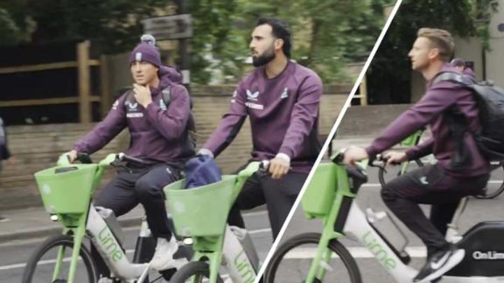 England arrive at The Oval on bikes after traffic delay