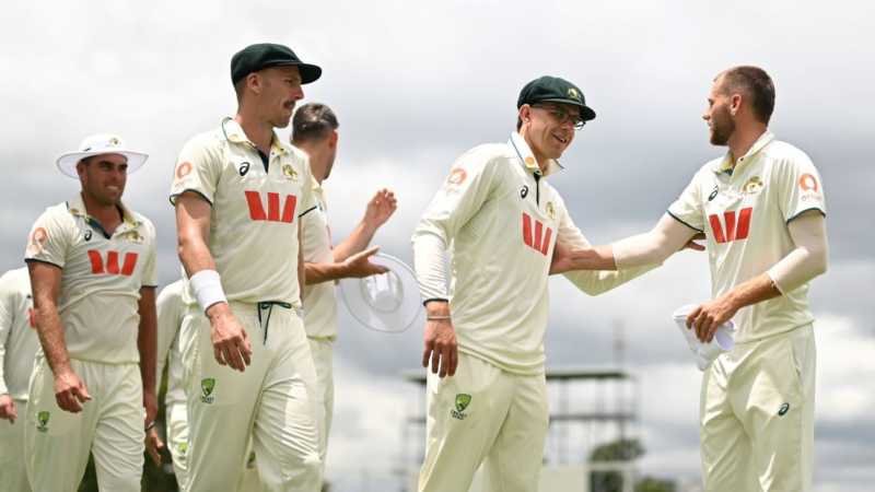 Xavier Bartlett, Ryan Hadley, Todd Murphy and Fergus O'Neill celebrate Australia A's win, Australia A vs England Lions, Allan Border Field, December 8, 2025
