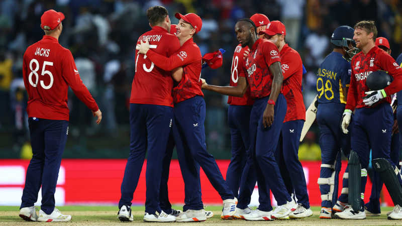 England players celebrate after the team's victory over Sri Lanka, Sri Lanka vs England, T20 World Cup Super Eight, Pallekele, February 22, 2026
