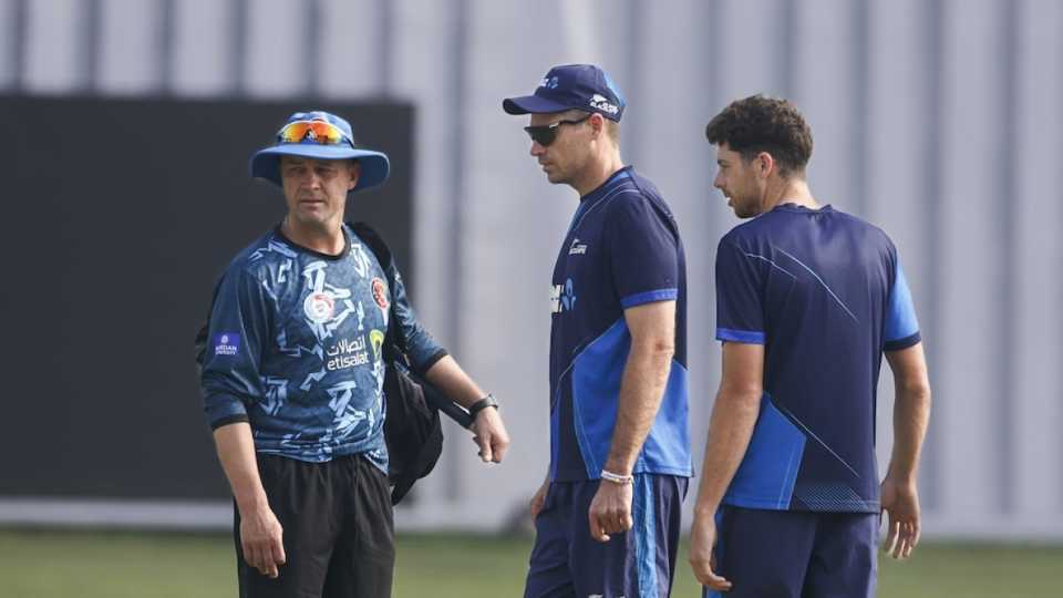 Afghanistan coach Jonathan Trott checks the ground with Tim Southee and Mitchell Santner, Afghanistan vs New Zealand, Only Test, 1st day, Greater Noida, September 9, 2024