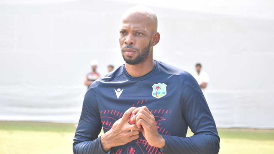 Roston Chase prepares to bowl at the nets, Delhi, October 9, 2025