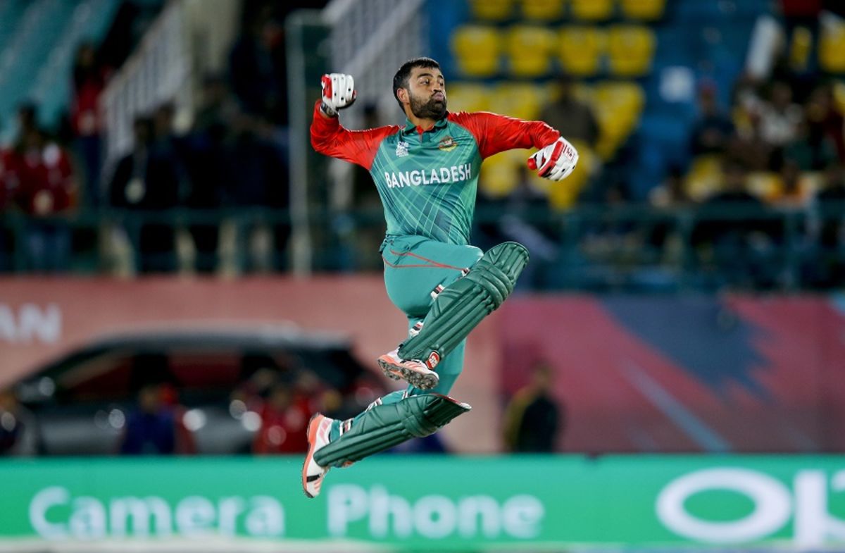 Tamim Iqbal is pumped up after reaching his maiden T20 international century, Bangladesh v Oman, World T20 qualifiers, Group A, Dharamsala, March 13, 2016