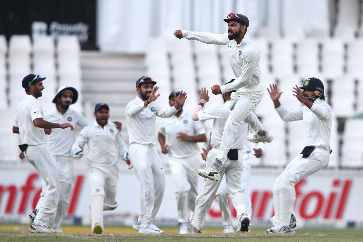 Virat Kohli is pumped after the dismissal of Aiden Markram, South Africa v India, 3rd Test, Johannesburg, 3rd day, January 26, 2018