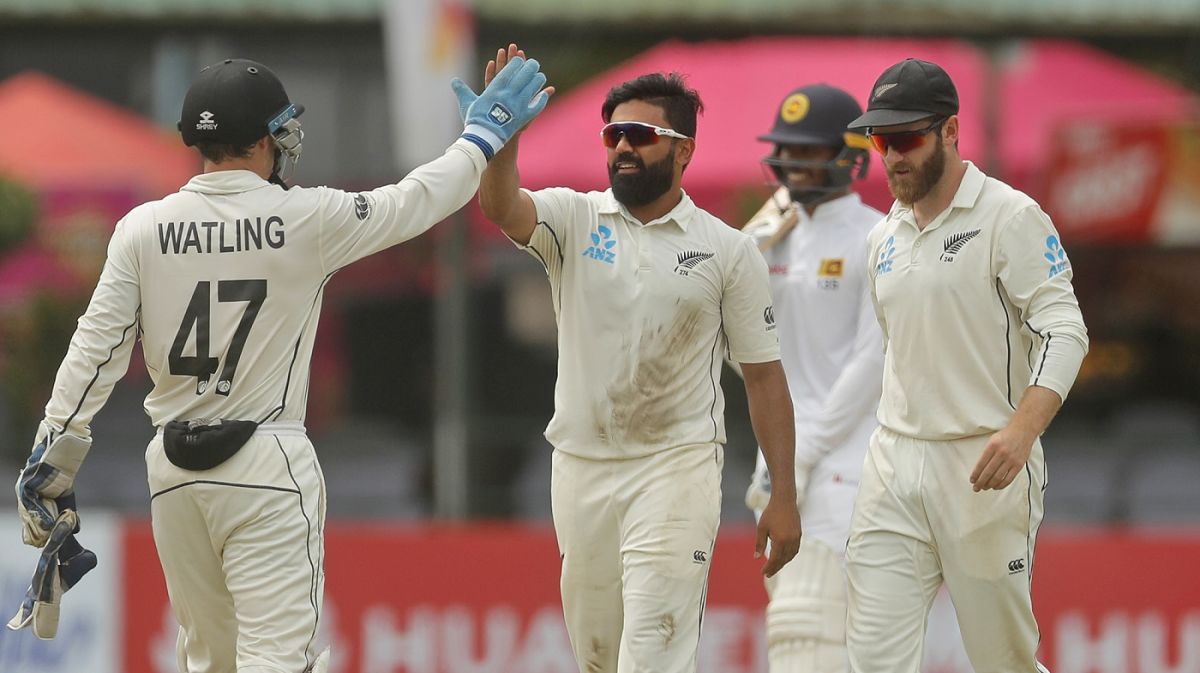 Ajaz Patel celebrates after making a breakthrough, Sri Lanka v New Zealand, second Test, Colombo (PSS), Day 3, August 24, 2019