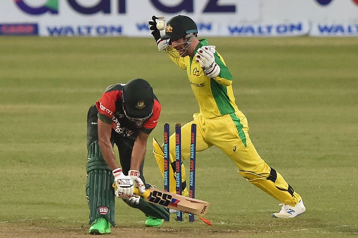 Mohammad Naim was bowled when he missed a reverse sweep, Bangladesh vs Australia, 1st T20I, Dhaka, August 3, 2021