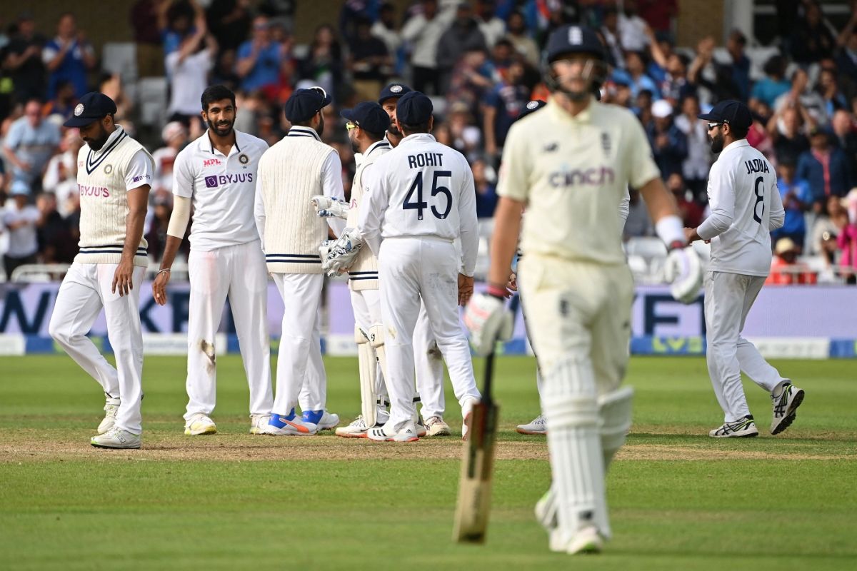 Jasprit Bumrah joins his team-mates in celebration as Joe Root walks back, England vs India, 1st Test, Nottingham, 4th day, August 7, 2021
