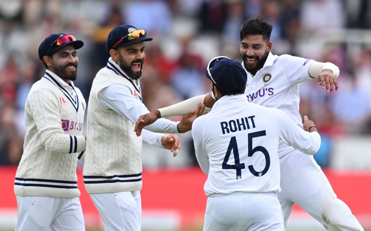 Mohammed Siraj celebrates with Rohit Sharma, Virat Kohli and Ravindra Jadeja, England vs India, 2nd Test, Lord's, London, 2nd day, August 13, 2021