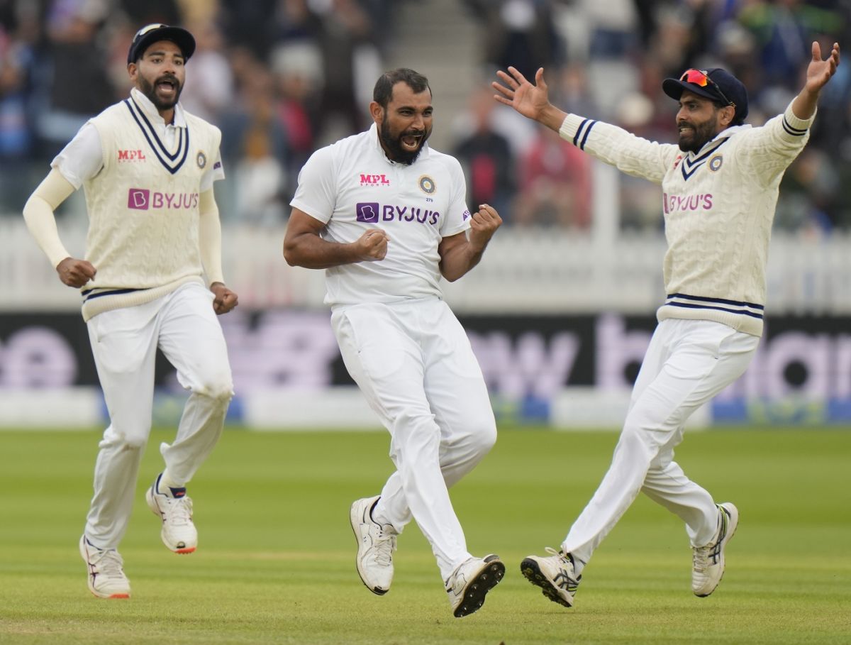 Mohammed Siraj, Mohammed Shami and Ravindra Jadeja celebrate, England vs India, 2nd Test, Lord's, London, 5th day, August 16, 2021 