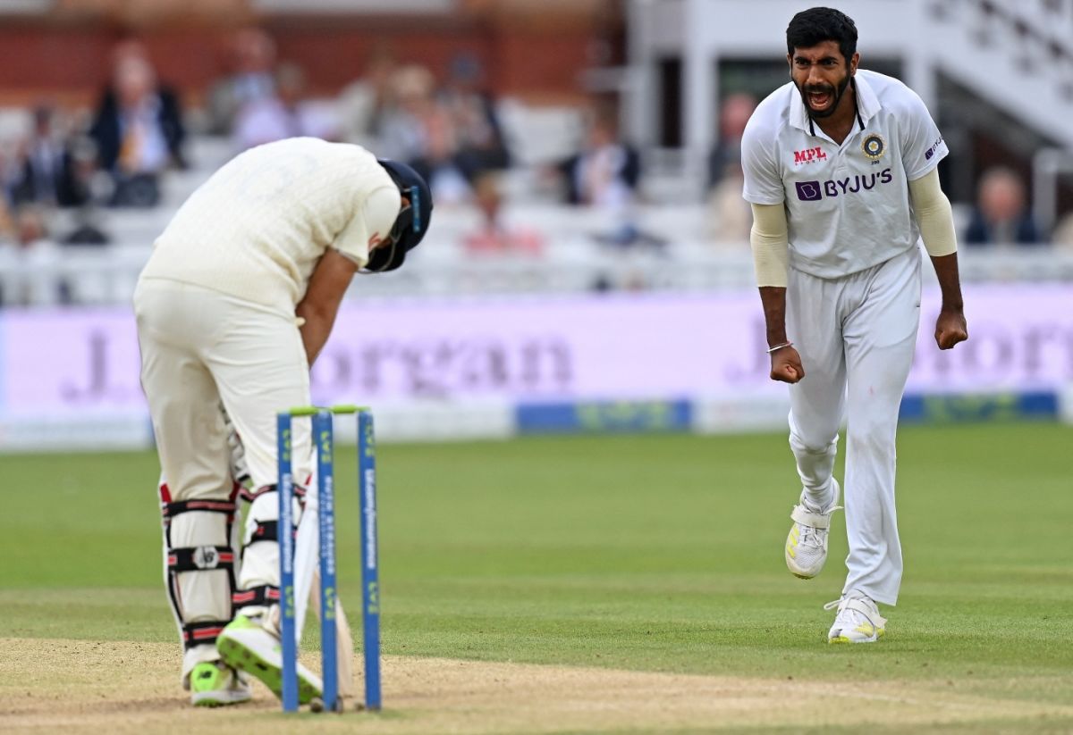 Jasprit Bumrah roars after having Joe Root nick to the cordon, England vs India, 2nd Test, Lord's, London, 5th day, August 16, 2021 