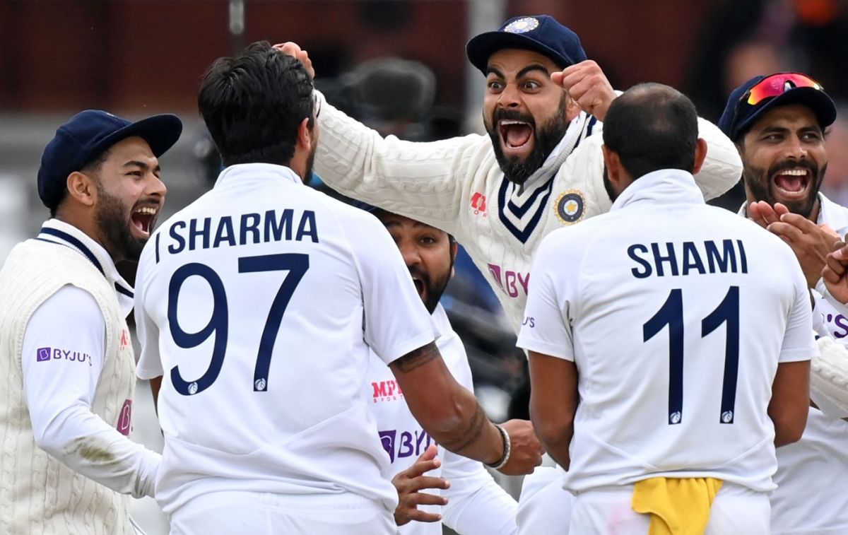 India are a pleased bunch as a DRS call goes their way to end Jonny Bairstow's stay, England vs India, 2nd Test, Lord's, London, 5th day, August 16, 2021

