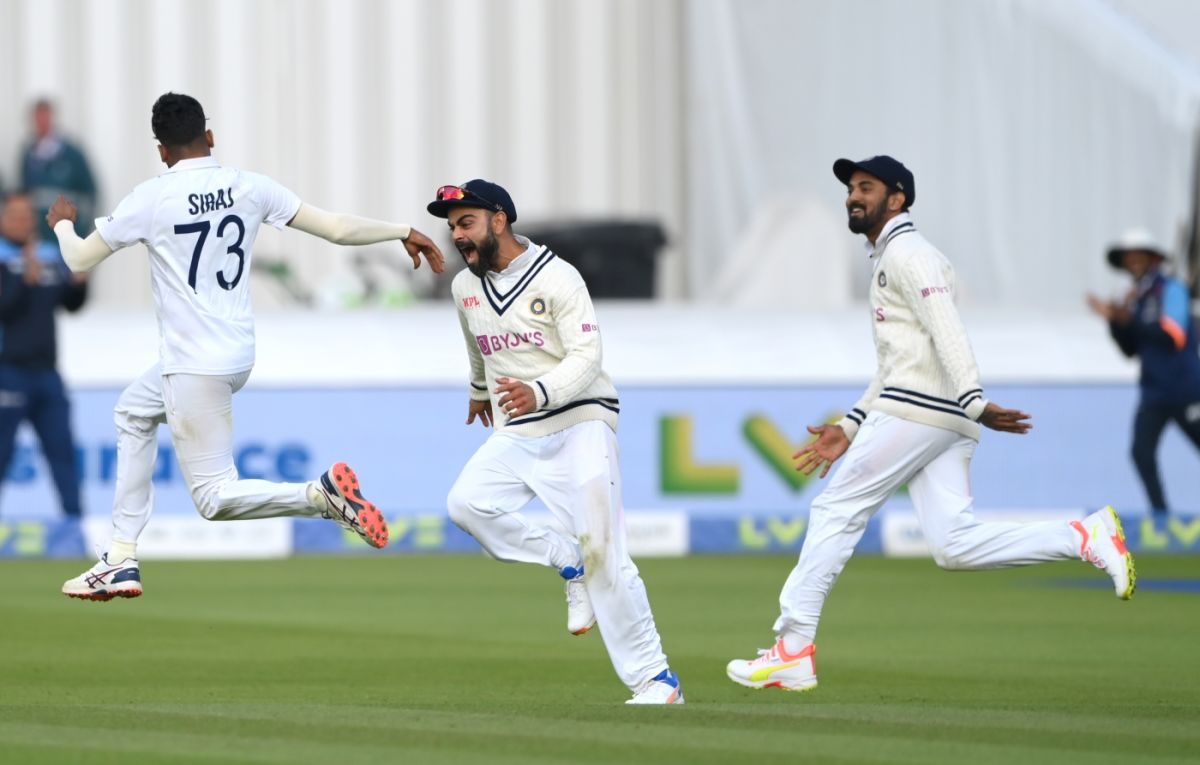 Mohammed Siraj sparks celebrations in the Indian camp with his double-strike, England vs India, 2nd Test, Lord's, London, 5th day, August 16, 2021

