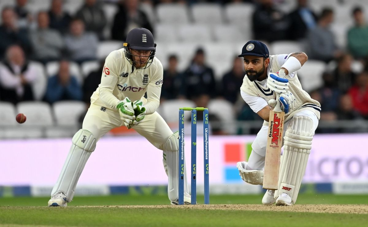 Virat Kohli defends one on the off side, England vs India, 3rd Test, Leeds, 3rd day, August 27, 2021