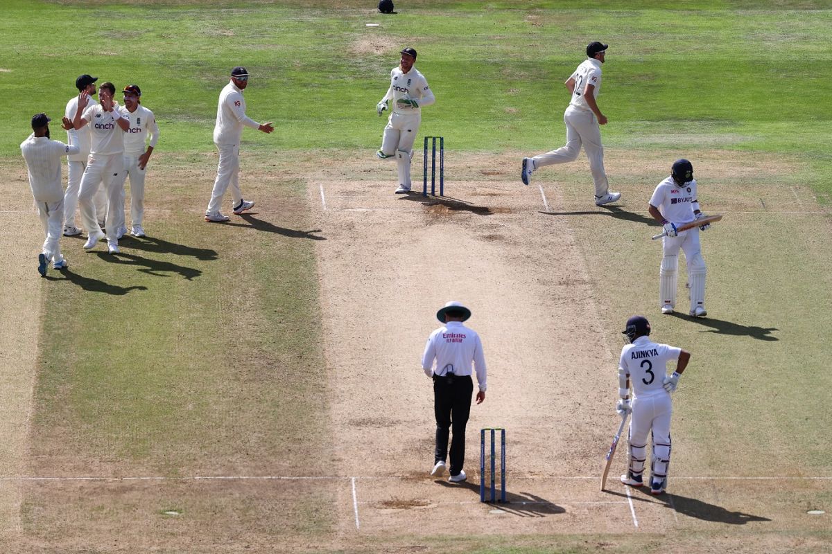 Virat Kohli walks off as England celebrate his wicket, England vs India, 3rd Test, Headingley, 4th day, August 28, 2021