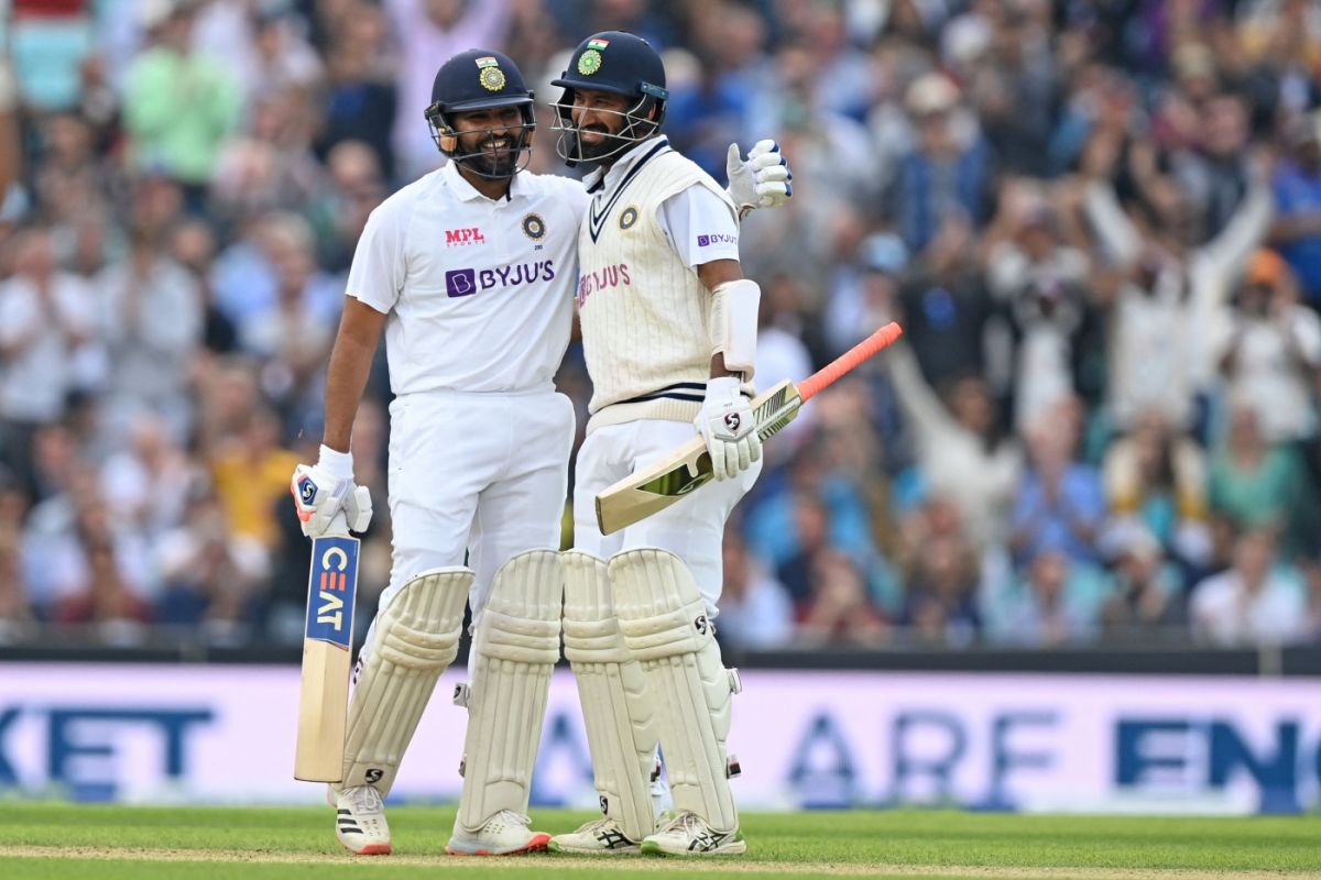 Cheteshwar Pujara congratulates Rohit Sharma on his century, England vs India, 4th Test, The Oval, London, 3rd day, September 4, 2021 