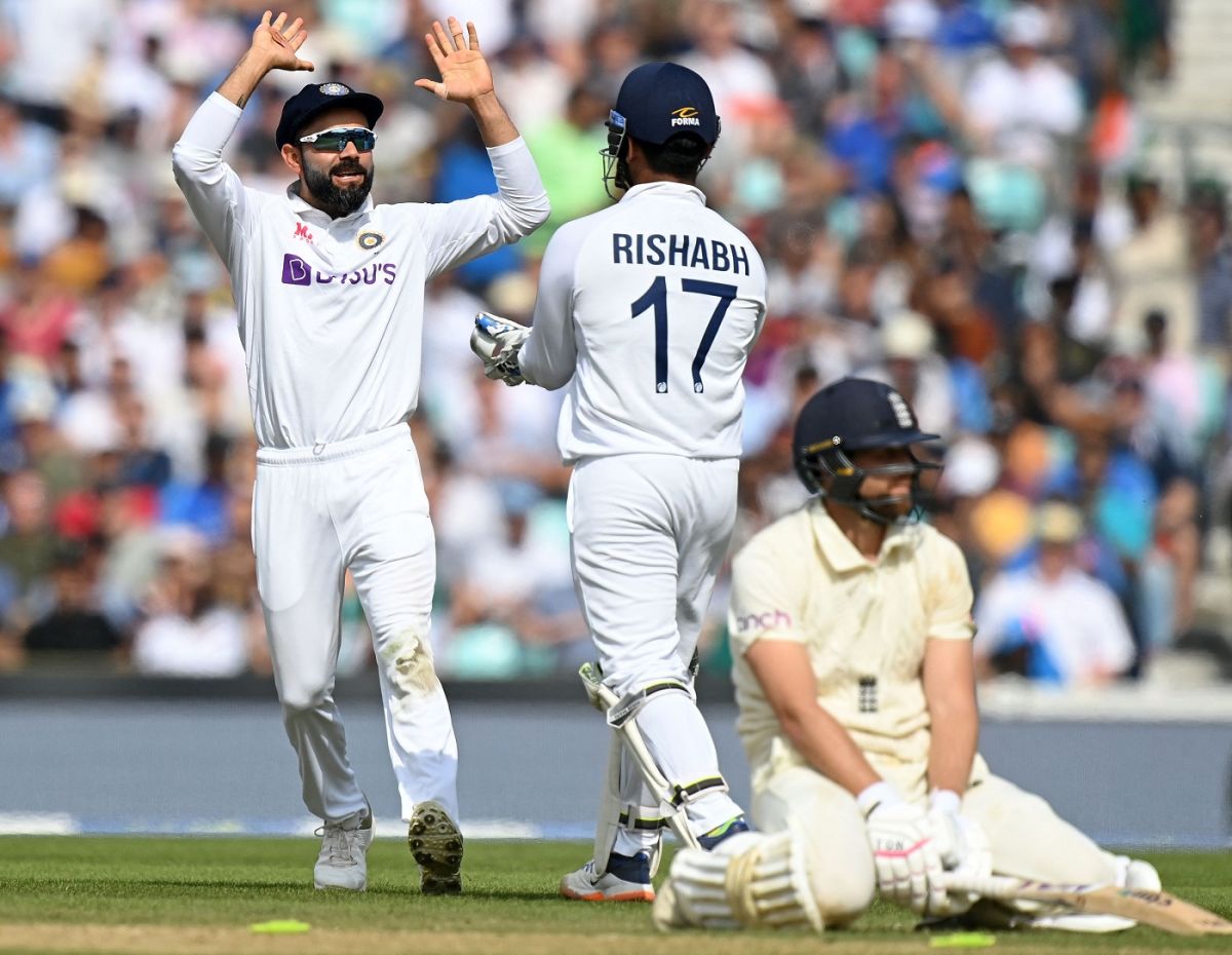 Dawid Malan is left down on his knees after being run-out, as Virat Kohli and Rishabh Pant celebrate, England vs India, 4th Test, The Oval, London, 5th day, September 6, 2021