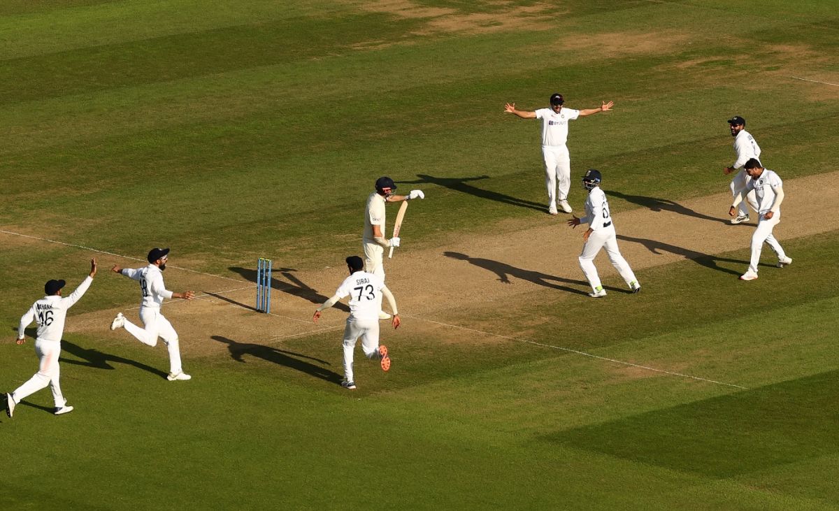 James Anderson signals for a review - in vain - as India's post-match celebrations begin, England vs India, 4th Test, The Oval, London, 5th day, September 6, 2021