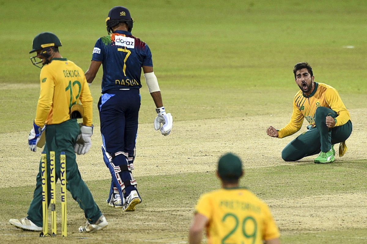 Tabraiz Shamsi roars after dismissing Dasun Shanaka, Sri Lanka vs South Africa, 2nd T20I, Colombo, September 12, 2021