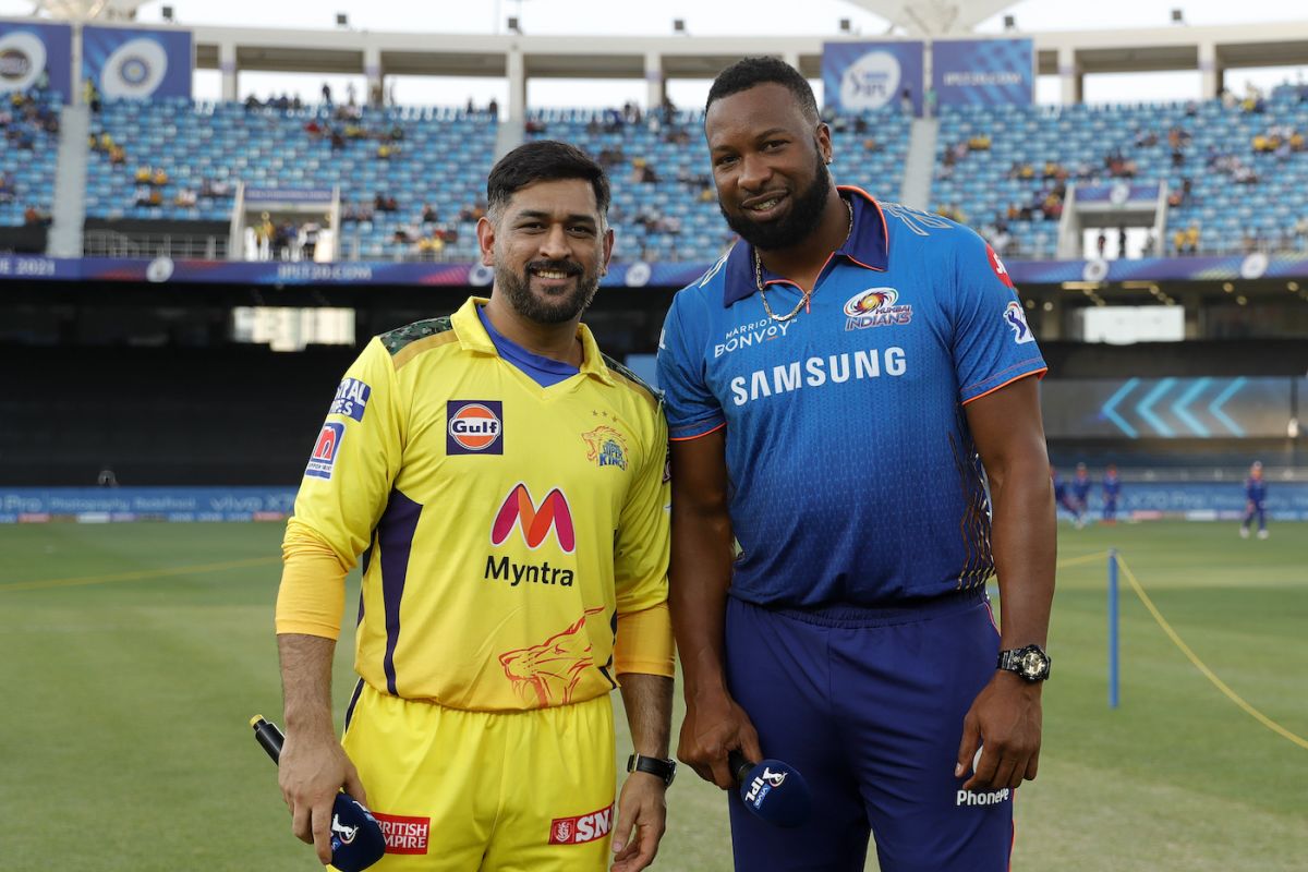 MS Dhoni and Kieron Pollard pose at the toss, Chennai Super Kings vs Mumbai Indians, IPL 2021, Dubai, September 19, 2021