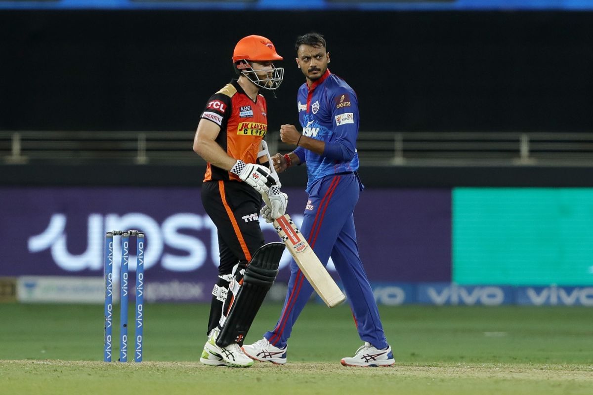 Axar Patel celebrates after getting Kane Williamson, Delhi Capitals vs Sunrisers Hyderabad, 33rd match, IPL 2021, Dubai, September 22, 2021