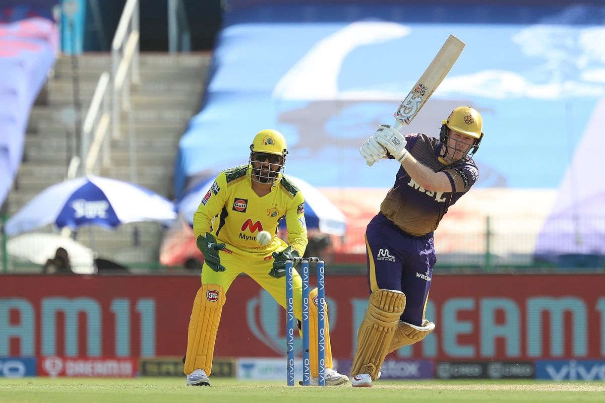 Eoin Morgan plays on the leg side, Chennai Super Kings vs Kolkata Knight Riders, Abu Dhabi, IPL 2021, September 26, 2021