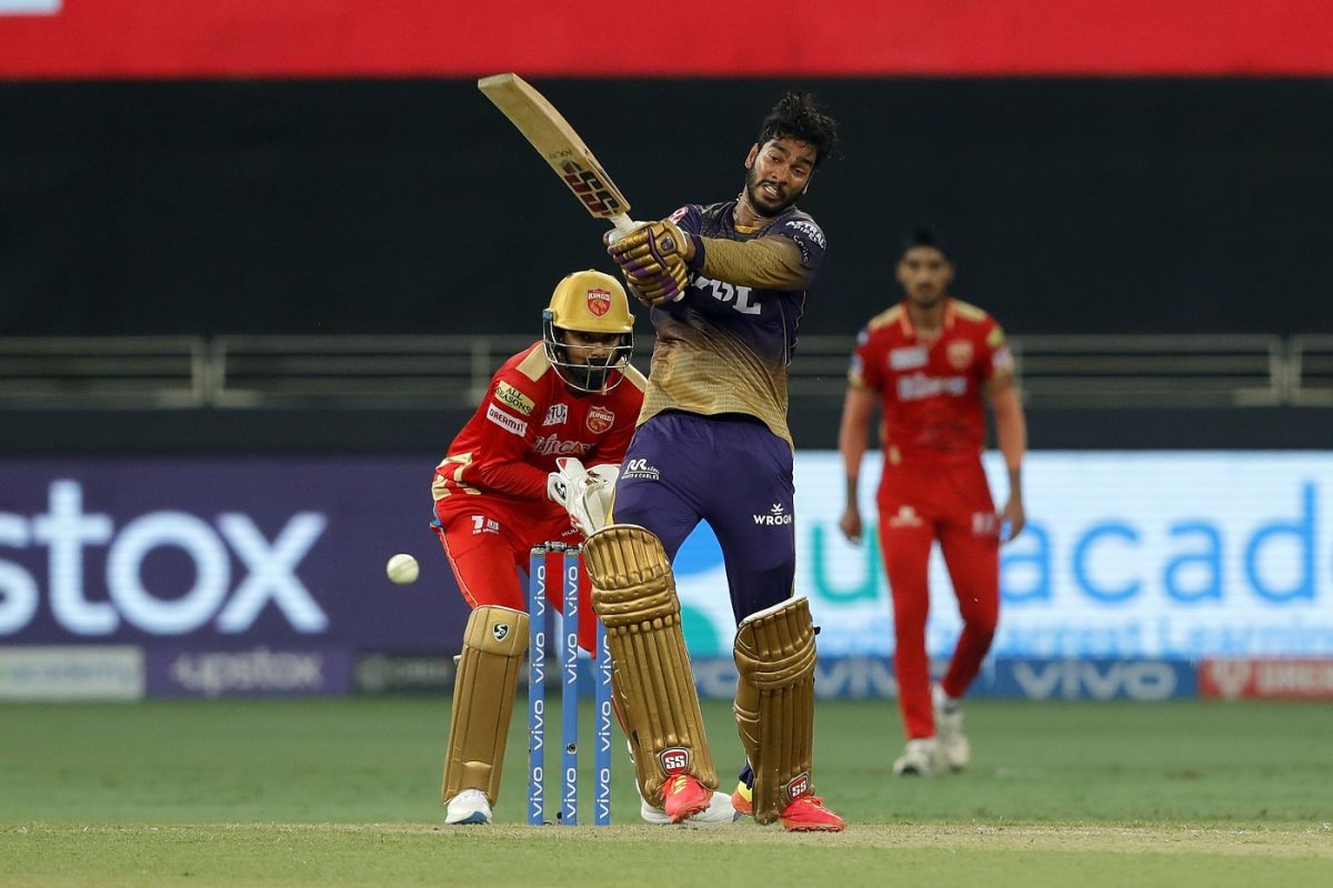 Venkatesh Iyer swats the ball to the leg side, Kolkata Knight Riders vs Punjab Kings, IPL 2021, Dubai, October 1, 2021