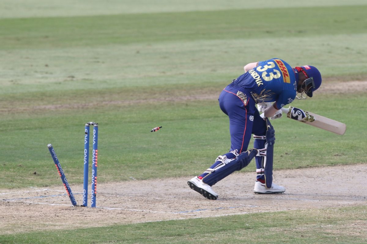 Hardik Pandya is bowled, Mumbai Indians vs Delhi Capitals, IPL 2021, Sharjah, October 2, 2021