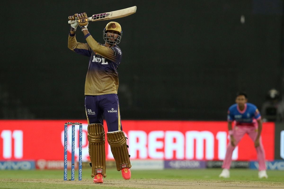 Venkatesh Iyer takes a swing at one, Kolkata Knight Riders vs Rajasthan Royals, IPL 2021, Sharjah, October 7, 2021