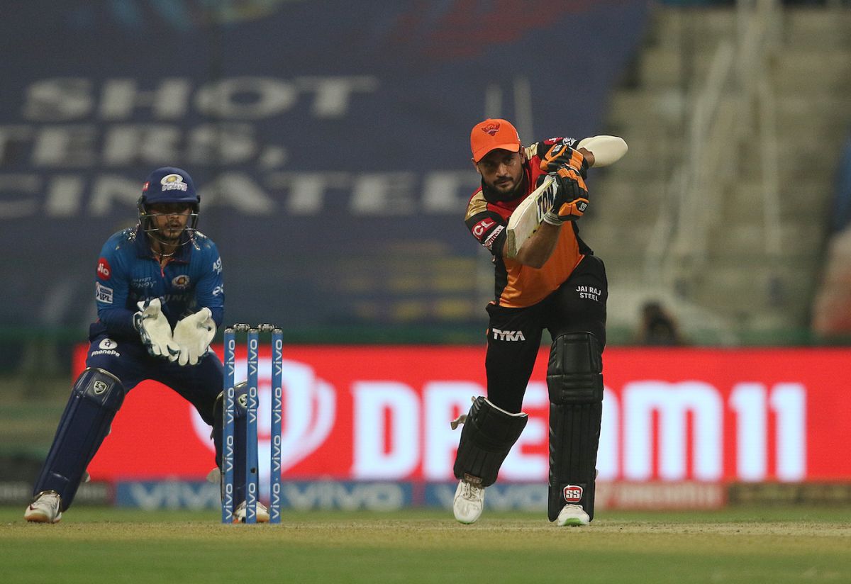 Manish Pandey drives down the ground, Sunrisers Hyderabad vs Mumbai Indians, IPL 2021, Abu Dhabi, October 8, 2021