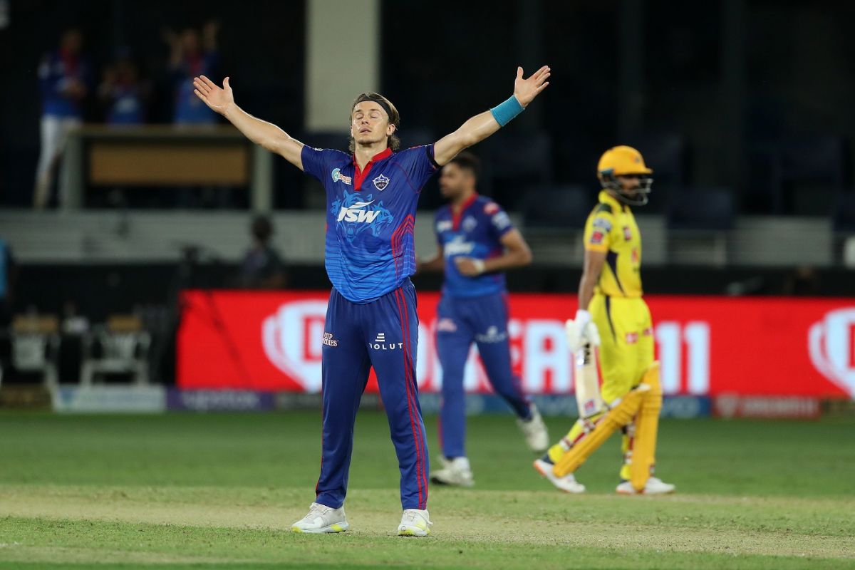 Tom Curran celebrates after taking a wicket, Delhi Capitals vs Chennai Super Kings, IPL 2021 Qualifier 1, Dubai, October 10, 2021