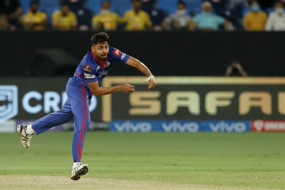 Avesh Khan in his follow-through, Delhi Capitals vs Chennai Super Kings, IPL 2021 Qualifier 1, Dubai, October 10, 2021