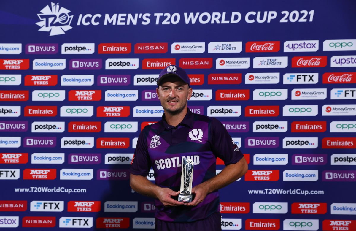 Chris Greaves poses with the Player-of-the-Match award, Bangladesh vs Scotland, T20 World Cup, Muscat, October 17, 2021