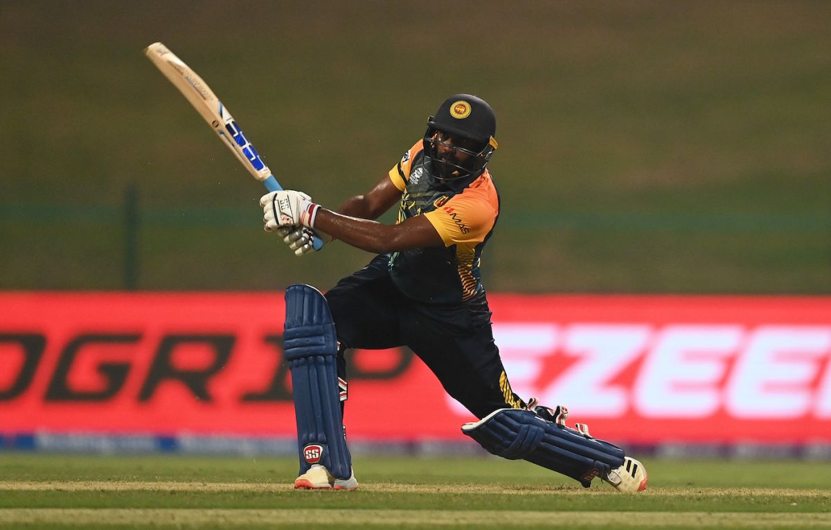 Bhanuka Rajapaksa leans into a drive, Sri Lanka vs Namibia, T20 World Cup 2021, 1st round, Group A, Abu Dhabi, October 18, 2021